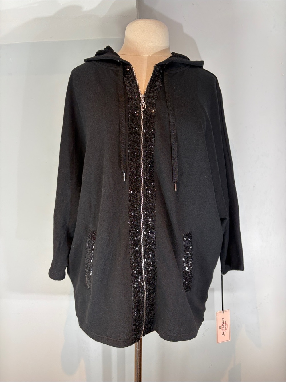 Juicy Couture Sequin Trim Dolman Zip Hoodie Black Medium NWT